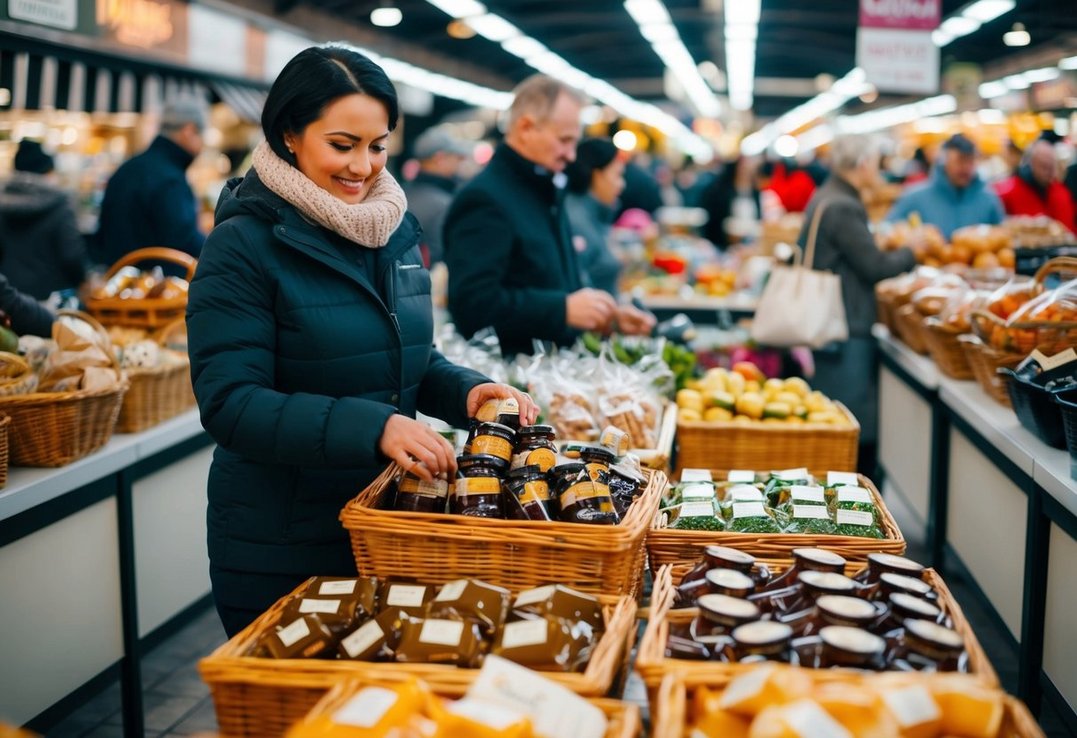 En travl markedsplads på Black Friday shoppere tager gourmet gavekurve til nedsatte priser