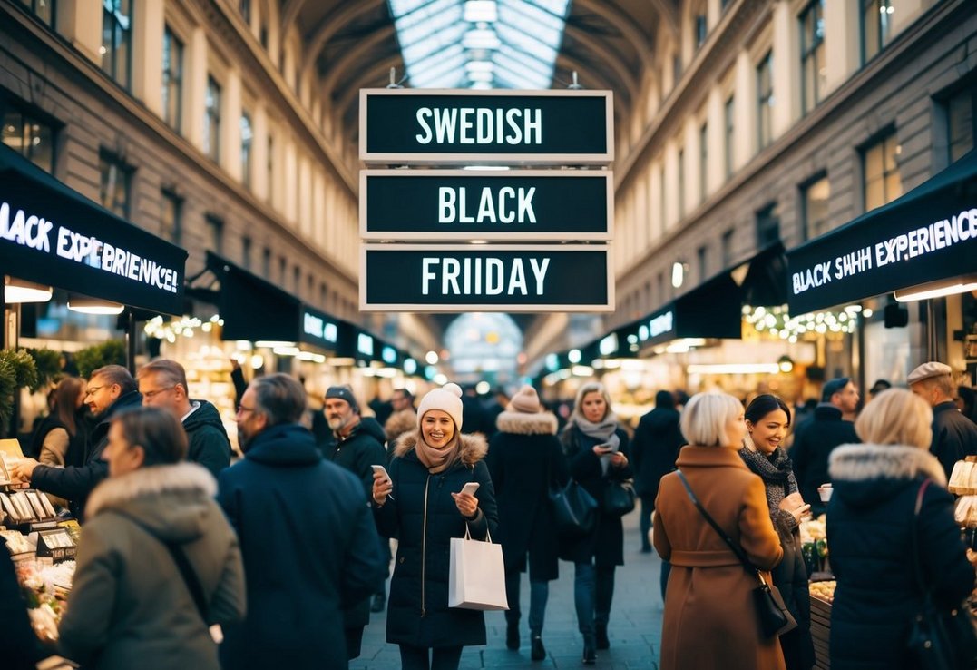 En travl svensk markedsplads på Black Friday med kunder der ivrigt køber unikke oplevelser En travl svensk markedsplads på Black Friday med kunder der ivrigt køber unikke oplevelser