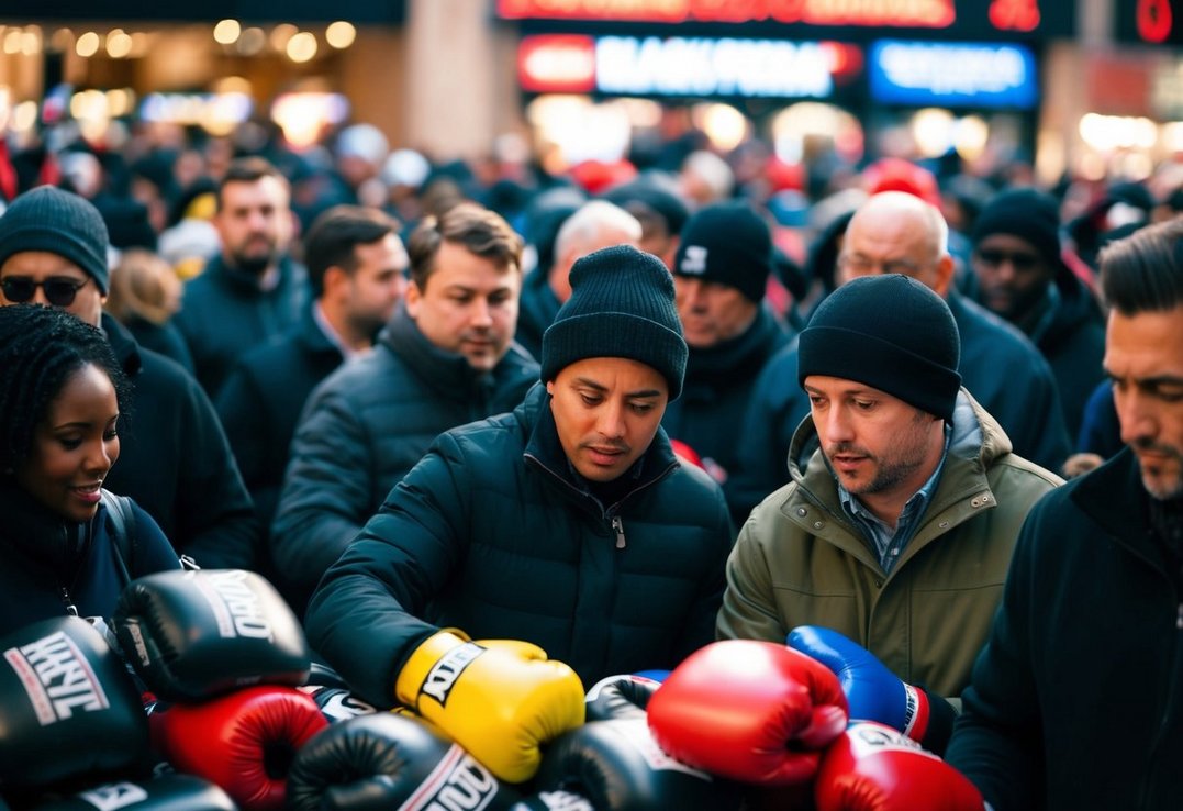 En skare af shoppere gennemsøger ivrigt bunker af boksehandsker på tilbud på jagt efter de bedste Black Friday-tilbud