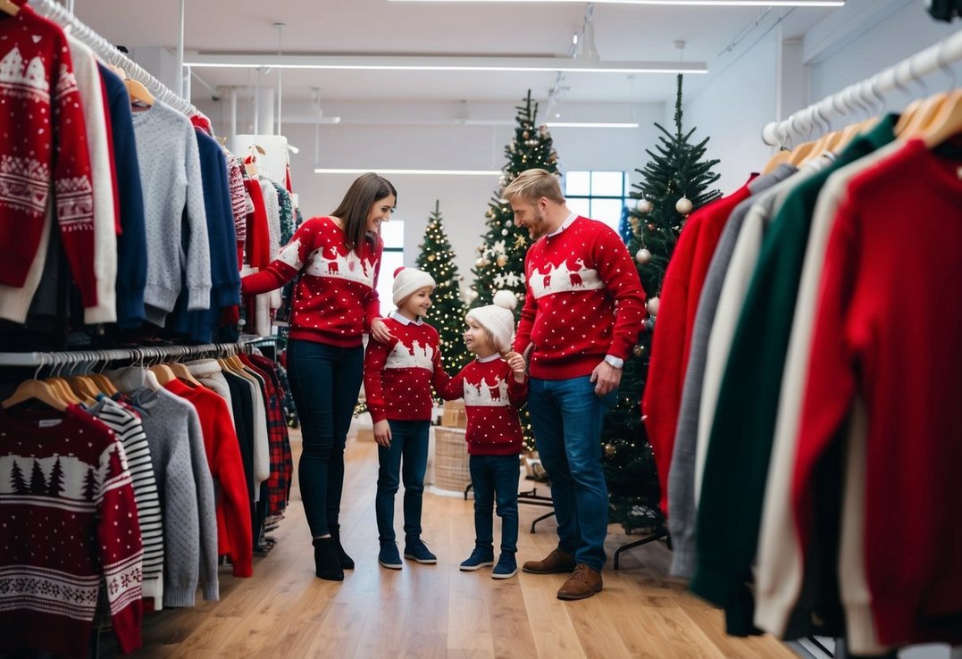 A family browsing through racks of Christmas sweaters in a Swedish clothing store in Danish would be:

en familie der kigger gennem rækker af julesweatre i en svensk tøjbutik